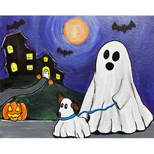 Canvas painting of a ghost walking a dog who's also dressed as a ghost. In the background is a purple sky and orange moon. There's also a haunted house in background with bats flying around. 