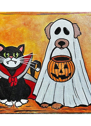 Canvas painting of  Black Cat dressed in Dracula Halloween costume sitting next to a brown dog wearing a ghost costume. Dog is holding an orange trick-or-treat Halloween bucket in his mouth. 